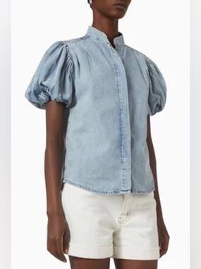 Frame Light Blue Washed Denim Pleated Puff Sleeve Shirt Large